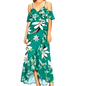 JEALOUS TOMATO Medium Green Floral Maxi Dress Cold Shoulder Wrap Belt Asymmetric
